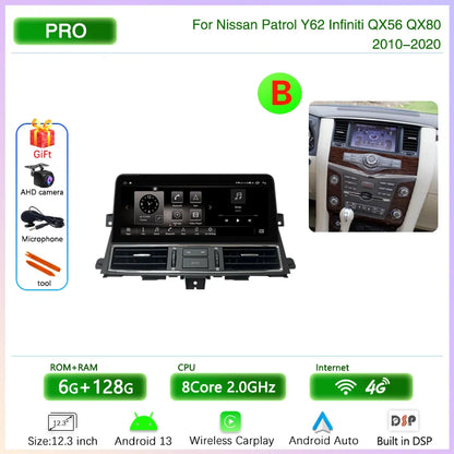 12.3 " Android13 Car Multimedia Video Player For Nissan Patrol Y62 Infiniti QX56 QX80 2010-2020 GPS Navigation CarPlay Auto 4G