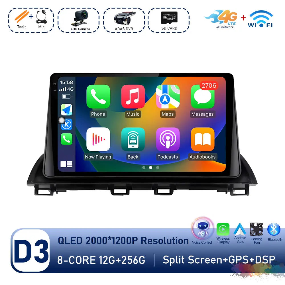 Car Radio Stereo Player for Mazda 3 Axela 2013 - 2018 Android Auto Wireless Carplay WiFi BT GPS Navigation QLED Screen Head Unit