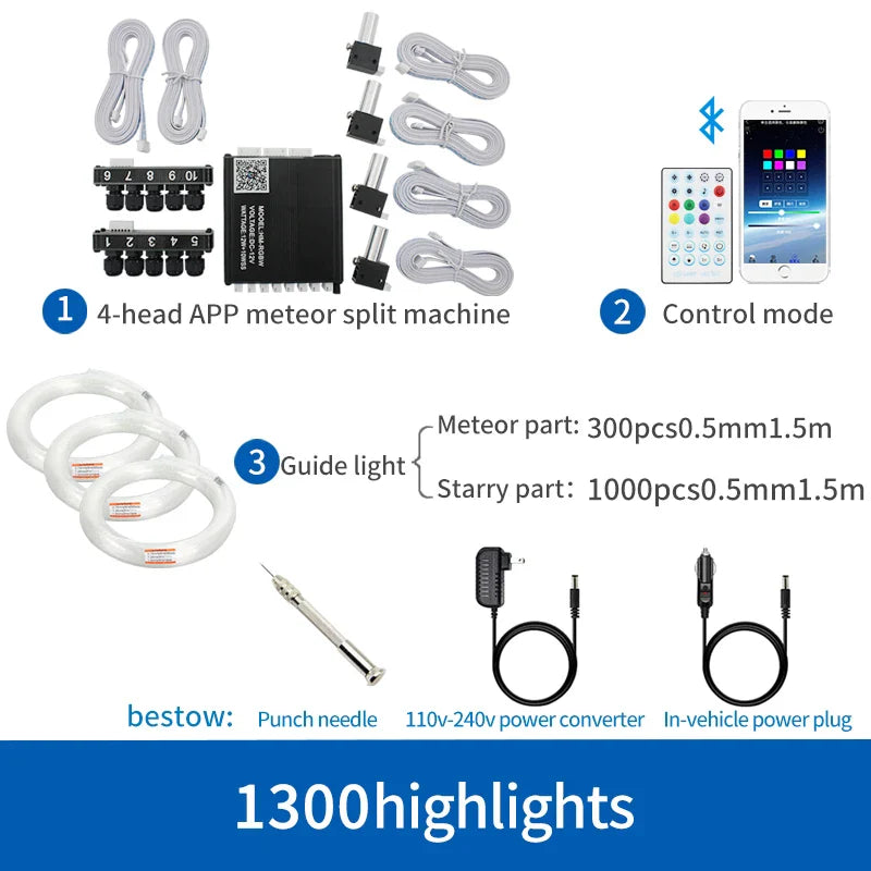 12V Car Starry Sky Ceiling Fiber Optic Modified Ceiling App Bluetooth Control Starry Sky Panoramic Sunroof Branch Light Source Machine White Light Starry Sky Lamp