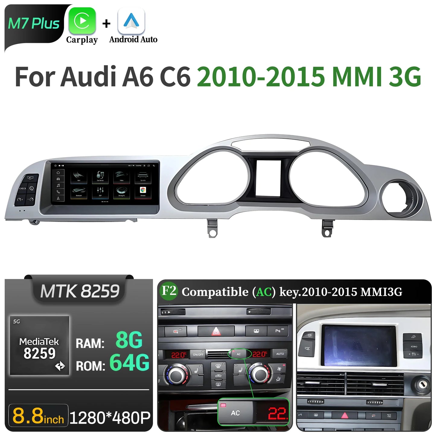 8.8 inch Right Hand Drive Android 14 For Audi A6 C6 2005-2011 Car Radio Wireless BT Carplay Qualcomm Snapdragon 680 Touch Screen