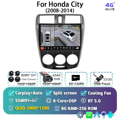 Android 14 Carplay Auto GPS For Honda City 2008 2009 2010 - 2014 Car Radio DSP Multimedia WIFI+4G Head Unit Video Stereo Player