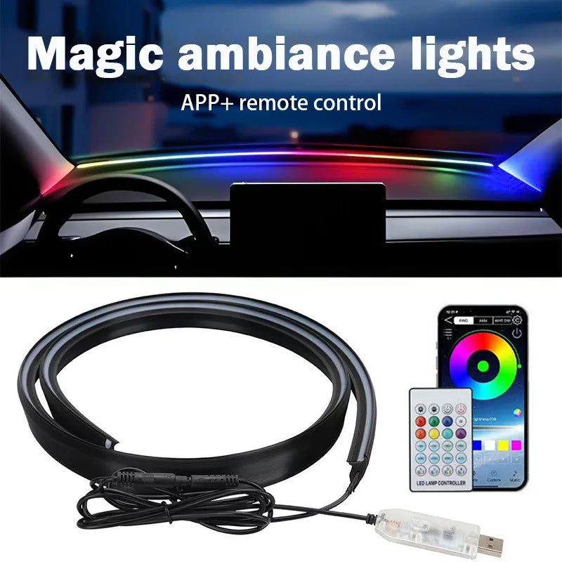 140/150CM LED Car Ambient Light USB Front Windshield Dashboard 64RGB Symphony Interior Acrylic Auto Atmosphere Lamp App Control