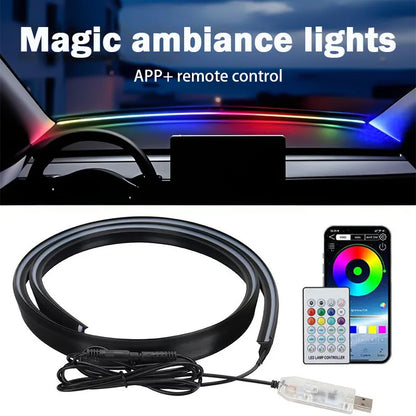 140/150CM LED Car Ambient Light USB Front Windshield Dashboard 64RGB Symphony Interior Acrylic Auto Atmosphere Lamp App Control