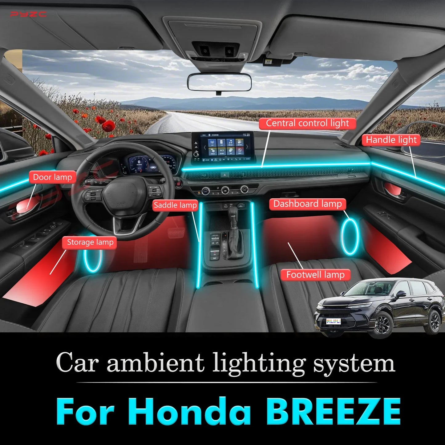 For Honda BREEZE Car Interior Mood Ambient Light RGB 64-Color LED Smart Remote Control Atmosphere Lamp Energy Saving Kit