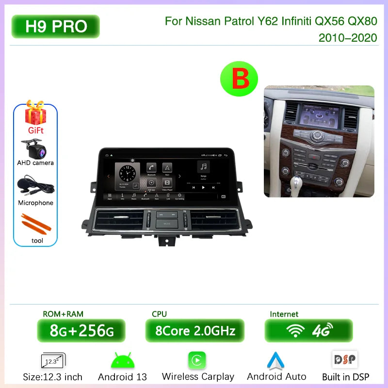 12.3 " Android13 Car Multimedia Video Player For Nissan Patrol Y62 Infiniti QX56 QX80 2010-2020 GPS Navigation CarPlay Auto 4G