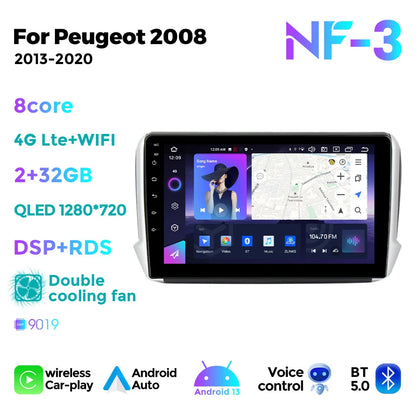 NaviFly 8Core Car Radio BT5.0 Multimedia Video Player For Peugeot 2008 2013-2020 GPS Navigation Wireless CarPlay Android Auto 4G