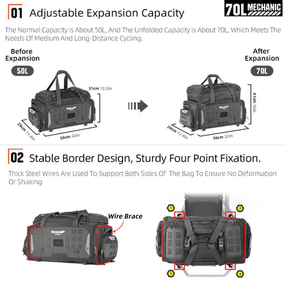 Rhinowalk Motorcycle Tail Bag Waterproof 50-70L Expandable Back Seat Bag Dry-Wet Separation Versatile Backpack 14" Laptop Pocket