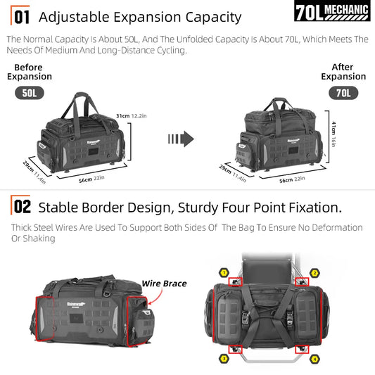 Rhinowalk Motorcycle Tail Bag Waterproof 50-70L Expandable Back Seat Bag Dry-Wet Separation Versatile Backpack 14" Laptop Pocket