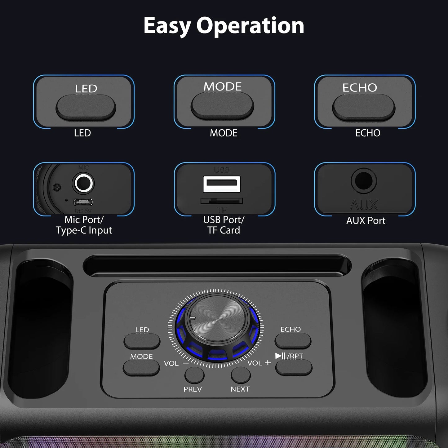 FanFun Portable Outdoor Party Dual Speakers, LED Ambient Lighting, Includes Two Wireless Microphones for Instrument Input