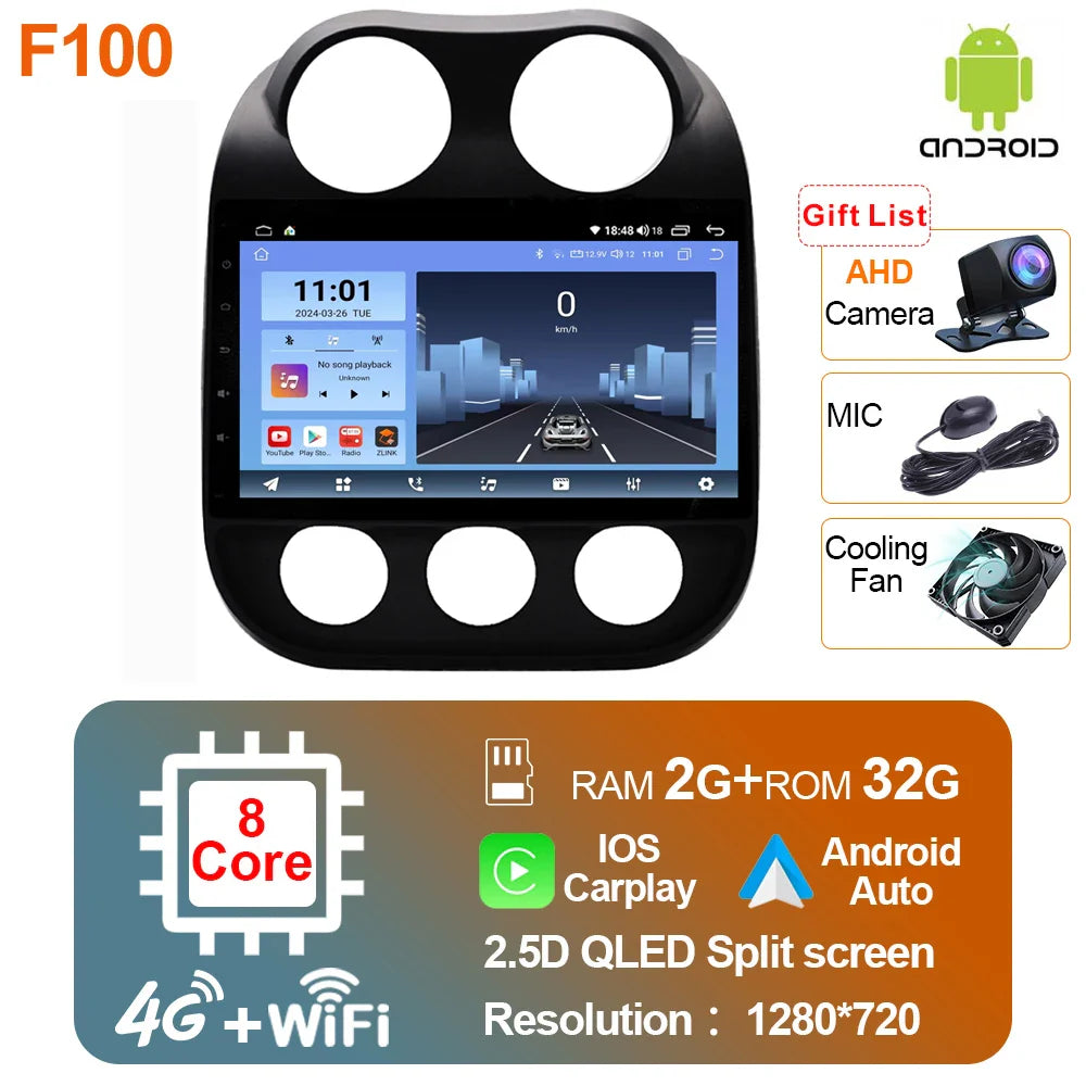 2 Din Car Radio Android 13 For JEEP Compass 2009 - 2016 Multimedia Video Player Carplay Auto Stereo GPS Navigation Autoradio DSP