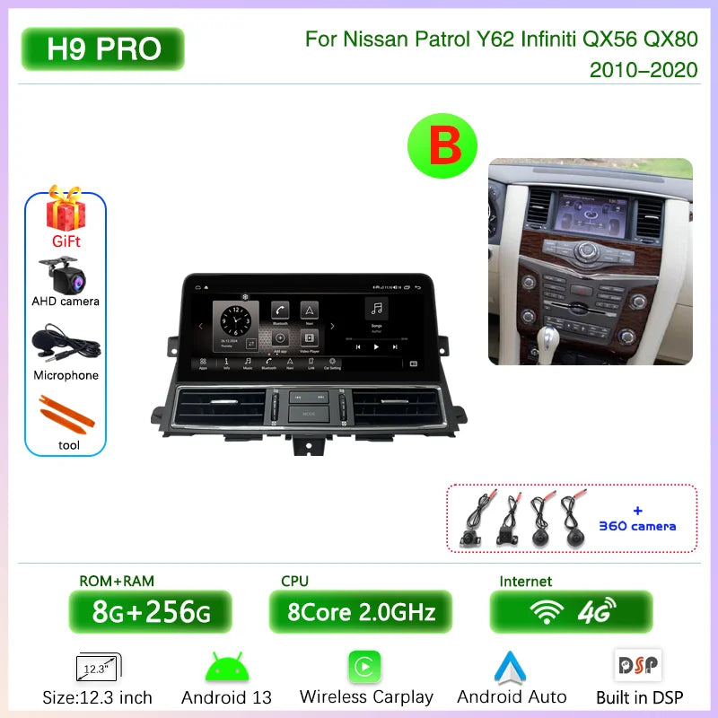 12.3 " Android13 Car Multimedia Video Player For Nissan Patrol Y62 Infiniti QX56 QX80 2010-2020 GPS Navigation CarPlay Auto 4G