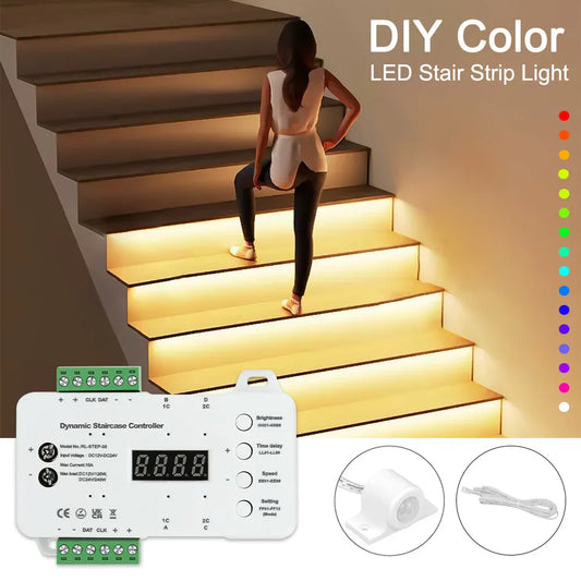 Intelligent Motion Sensor Stair Light Smart Controller 10 20 32 40 Steps Fast Install High Bright COB LED Strip Full Set STEP-05 power tools