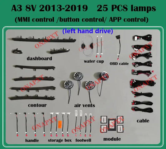 LHD RHD For Audi A3 RS3 S3 2013-2024 MMI APP Nozzle Air Vent Decorative LED Strip Lamp Door Dashboard Footwell Ambient Light