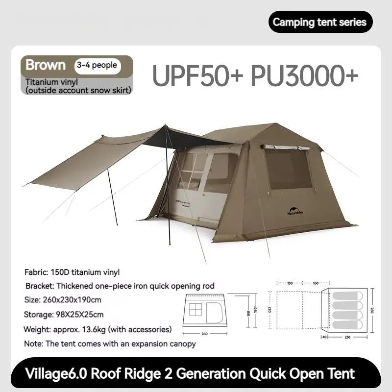 Naturehike Village 6.0 One Touch Tent Hut Automatic Tent for 4-8 People Family Camping UPF11000+ Waterproof 150D Black Coated