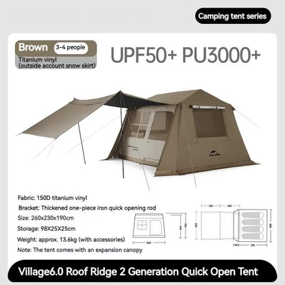 Naturehike Village 6.0 One Touch Tent Hut Automatic Tent for 4-8 People Family Camping UPF11000+ Waterproof 150D Black Coated