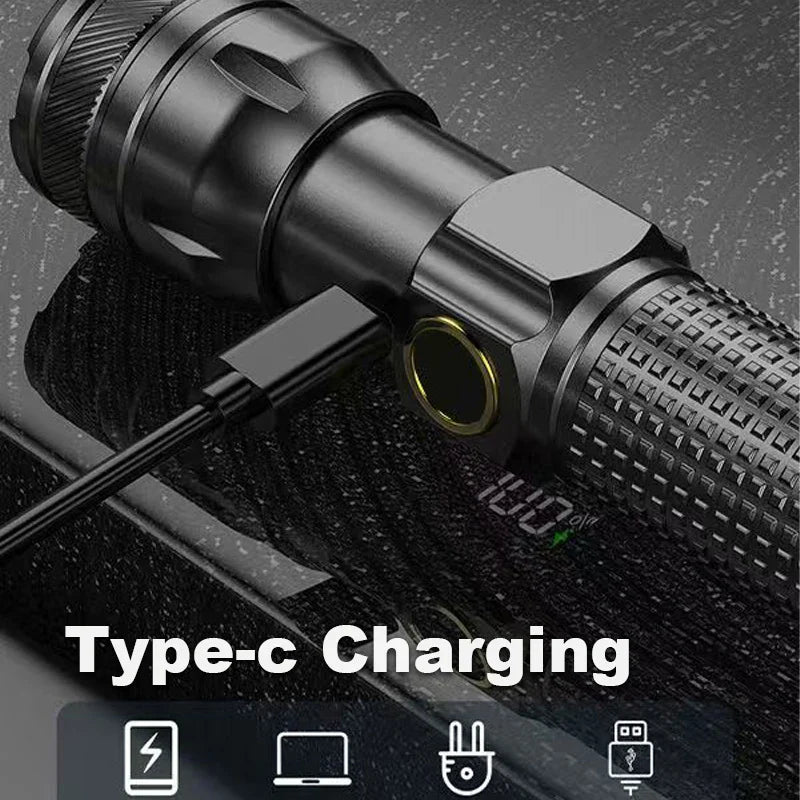 Aluminum Alloy Rechargeable LED Flashlight With Power Display High Power Torch Light Outdoor Waterproof Camping Lantern