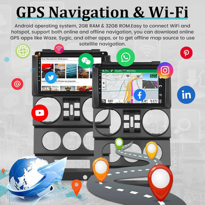 2+32G 9 Inch Touchscreen for Jeep Wrangler (4 Doors) 2007 2008 2009 2010 with Wireless Apple Carplay and Android Auto