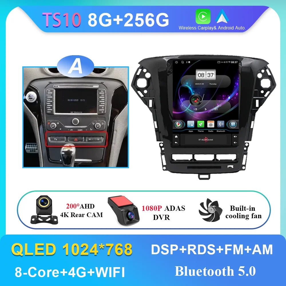 9.7 Inch Android 14 Car Radio Stereo Multimedia Player For Ford Mondeo MK4 2011 - 2013 Auto GPS Navigation wireless carplay DVD