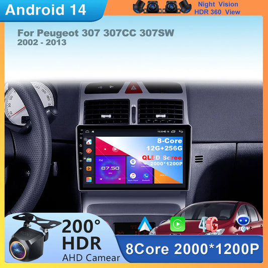 Carplay 2din Android 14 Car Radio Multimedia Gps Navigation For Peugeot 307 307CC 307SW 2002-2013 Stereo 2 DIN 4G WIFI Head Unit