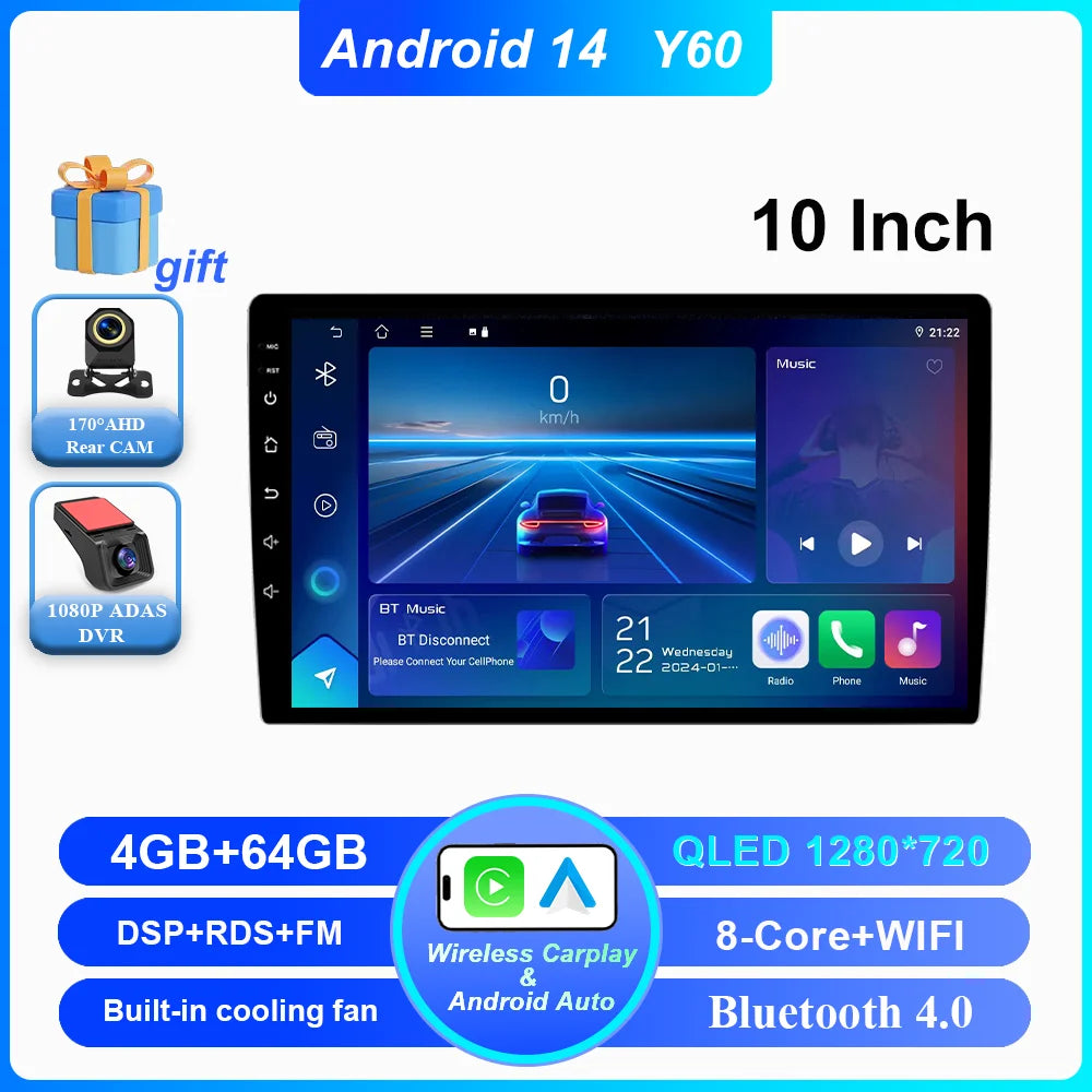 Android 14 CarPlay car radio Android Auto GPS multimedia player 2 DIN universal 9/10 inch Car stereo WiFi player QLED Screen BT