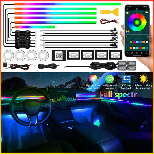 22 In 1 64 Color RGB Symphony Car Ambient Light Interior Acrylic Guide LED Strip Light Decoration Atmosphere Lamp by APP Control