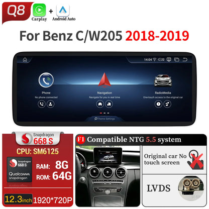 For Mercedes Benz C-Class W205 S205 2018-2020 12.3inch Car Radio Android 14 Wireless Carplay Snapdragon 680 SM6225 Touch Screen