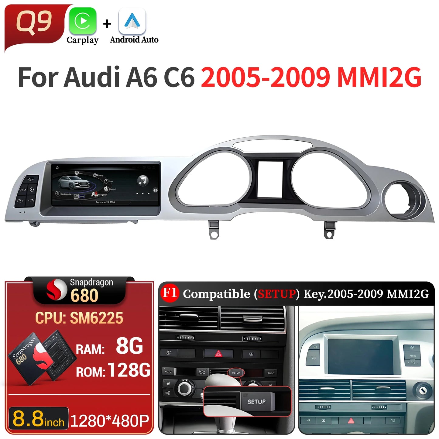 8.8 inch Right Hand Drive Android 14 For Audi A6 C6 2005-2011 Car Radio Wireless BT Carplay Qualcomm Snapdragon 680 Touch Screen