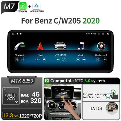 For Mercedes Benz C-Class W205 S205 2018-2020 12.3inch Car Radio Android 14 Wireless Carplay Snapdragon 680 SM6225 Touch Screen