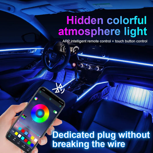 18 In 1 LED Car Ambient Lights Interior LED Acrylic Strip Light RGB 64 Color Light Guide Fiber Optic Decoration Atmosphere Lamp