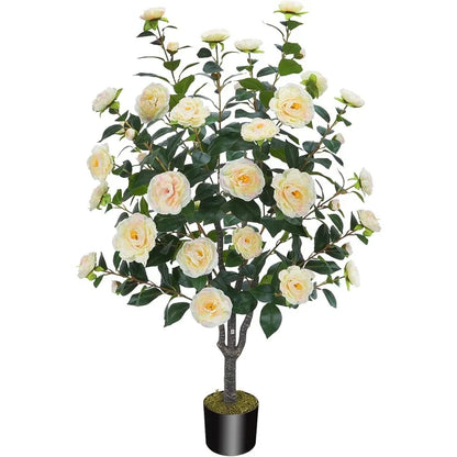 Artificial Camellia Fake Tree, Artificial Plants & Flowers with 32 Yellow Pink Flowers