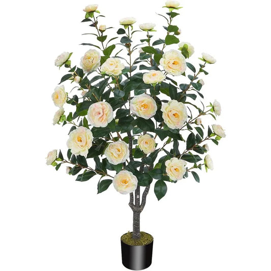 Artificial Camellia Fake Tree, Artificial Plants & Flowers with 32 Yellow Pink Flowers