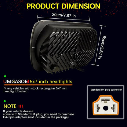 Car LED Headlight DRL Hi-Low Beam H4 Headlamp 5X7" 7x6 Inch Rectangle For Jeep Wrangler YJ Cherokee XJ Toyota Nissan GMC Ford