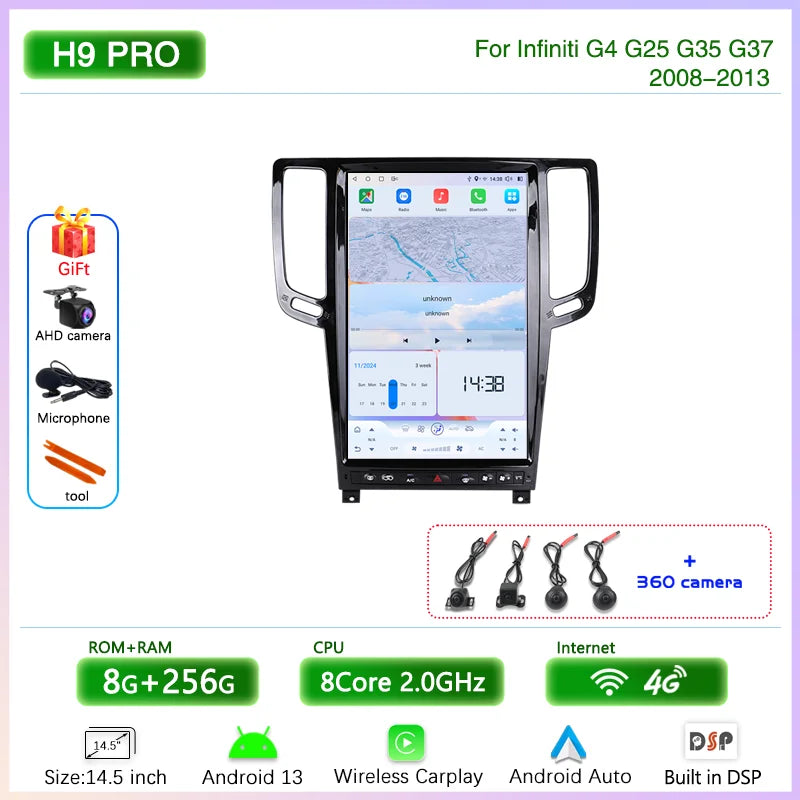 14.5 " Android13 Car Radio Multimedia Video Player For Infiniti G4 G25 G35 G37 2008-2013 GPS navigation Carplay Auto 4G wifi 360