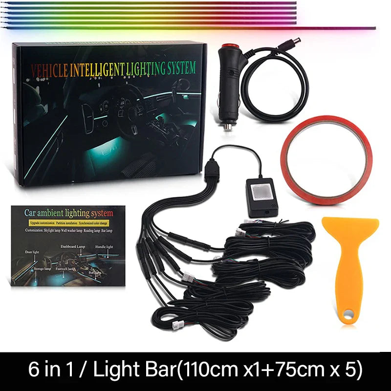 18 / 22 In 1 Streamer Car Ambient Lights RGB 213 64 Color LED Interior Rainbow Acrylic Strip Symphony Remote Atmosphere Lamp Kit