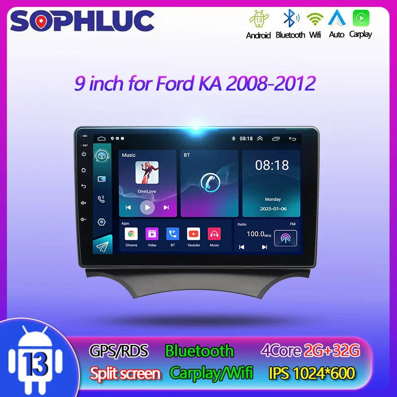 Sophluc 9 inch Android 13 Multimedia Vedio Player for Ford KA 2008-2012 Wireless Carplay GPS Navi BT FM DSP EQ Car Stereo Radio