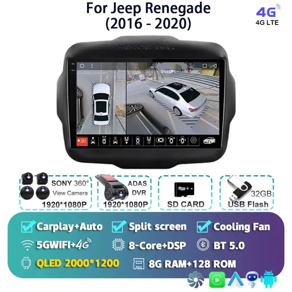 Android 14 For Jeep Renegade 2016 - 2020 2K QLED Android Car Radio Multimedia Video Player GPS AI Voice CarPlay 4G Stereo