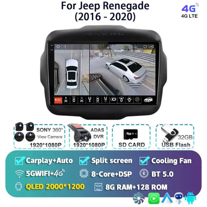 Android 14 For Jeep Renegade 2016 - 2020 2K QLED Android Car Radio Multimedia Video Player GPS AI Voice CarPlay 4G Stereo