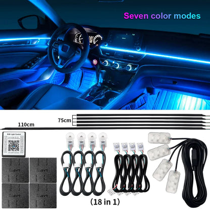 18 in 1 Dual Zone Symphony 64 Colors Streamer Car Ambient Light RGB Interior Rainbow Acrylic Strip Atmosphere Lighting kit App