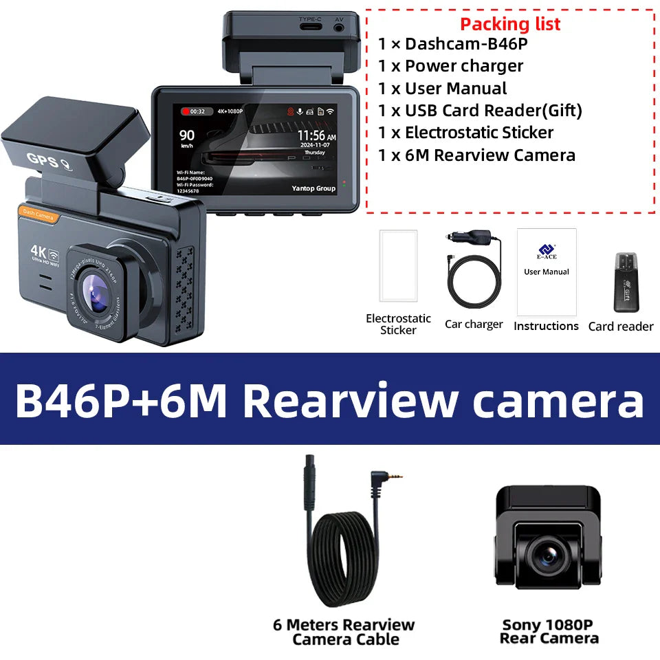 E-ACE Dash Cam 4K 3 Inch Mini Car Dvr Dual Lens With GPS WIFI 24h Parking 1080P Rear View Camera Night Vision Black Box