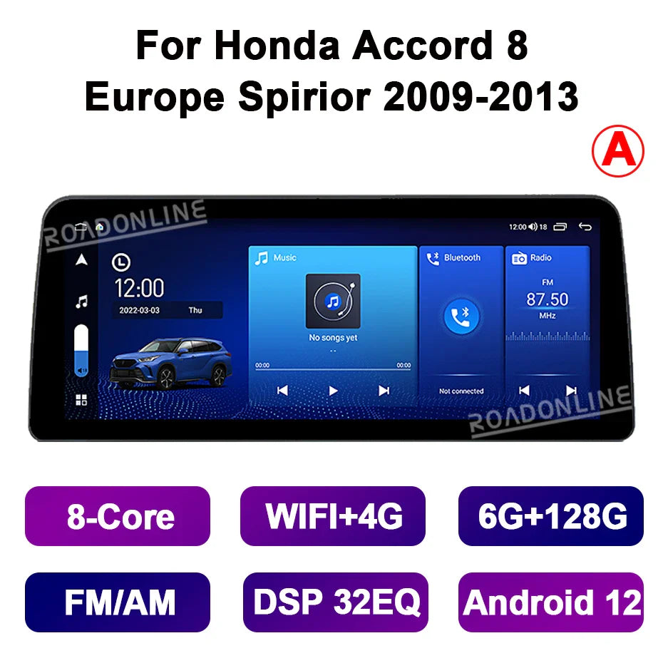 12.3” Android 12 For Honda Accord 8 Europe Spirior Acura Tsx 2009-2013 8+256GB Car GPS Multimedia Player Stereo Receiver Radio