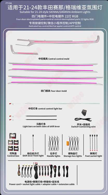 Car Ambient Light Fit for Toyota Sienna 2021-2024 Active Flow Led Car Rear Door Outline Light Lamp 64 Colors Ambient Light
