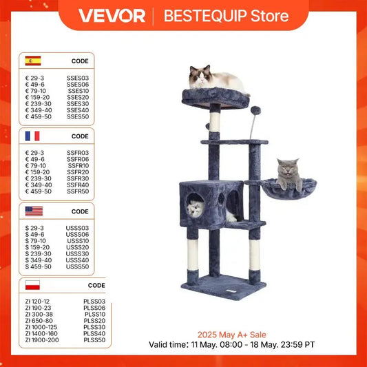 VEVOR Cat Tree for Indoor Cats 45.2" Cat Tower with Cat Condo Sisal Scratching Post HammockTop Perch Jumping Platforms Dark Grey