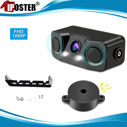 iPoster AHD 1080P PAL Car Rear View Reversing Backup Camera with Parking Radar Sensor Beeper 3-In-1 12V Night View For Car SUV