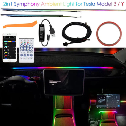 For Tesla Model 3 Y 120cm/47.24inch Car USB Ambient Lights LED Interior Sound Control RGB Symphony Atmosphere Lamp APP Remote