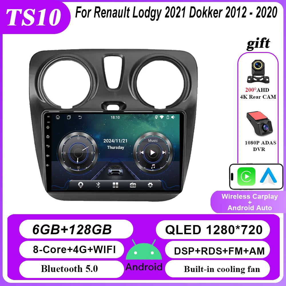 4G Carplay Android Auto Radio For Renault Lodgy 2021 Dokker 2012 - 2020 Auto Multimidia Player QLED Screen 2din Stereo Head Unit