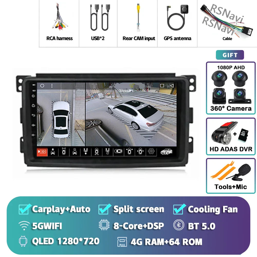 Android 14 Carplay Car Radio Multimedia For Mercedes-Benz Smart Fortwo 451 2005 - 2010 Head Unit GPS Navigation Video DVD Stereo