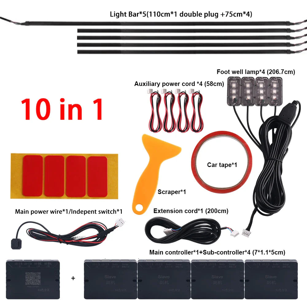 18/22 in 1 Car Hidden Ambient Light Backlight Dual Zone RGB Symphony Acrylic Strips Matt Black Interior Car Ambient Lamp APP 12V