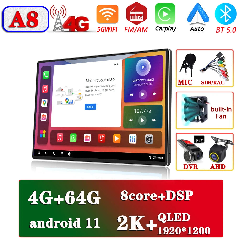 13.1" Car Radio GPS 2 din Android 11 Auto Carplay  For Nissan Hyundai KIA TOYOTA Honda Multimedia Player
