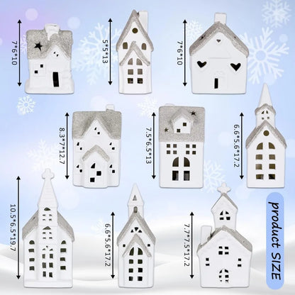 28 Piece Ceramic Christmas Village Set, 9 White Christmas Houses, 17 Snow Trees, 2 Retro Christmas Decorations with Lights