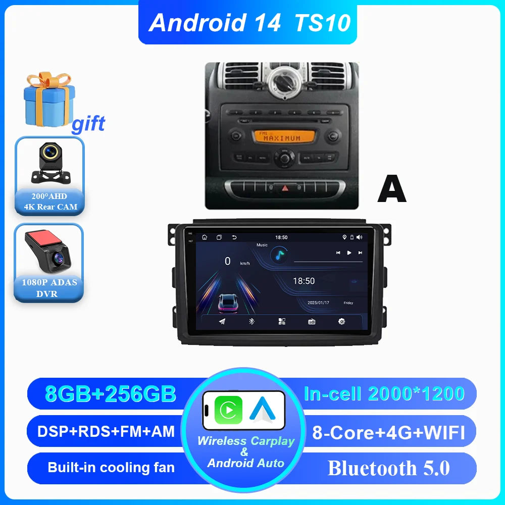 Car Android 14 GPS Navigation For Mercedes Benz Smart Fortwo 451 2010 - 2015 Auto Radio Stereo Multimidia Player Carplay NO 2DIN